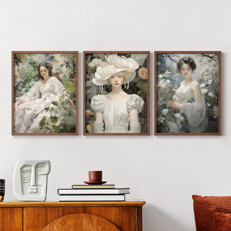 Feminine Series CVIII  -Set Of 3 Framed Giclee Prints -Ready to Hang, 10" H x 8" W, Walnut