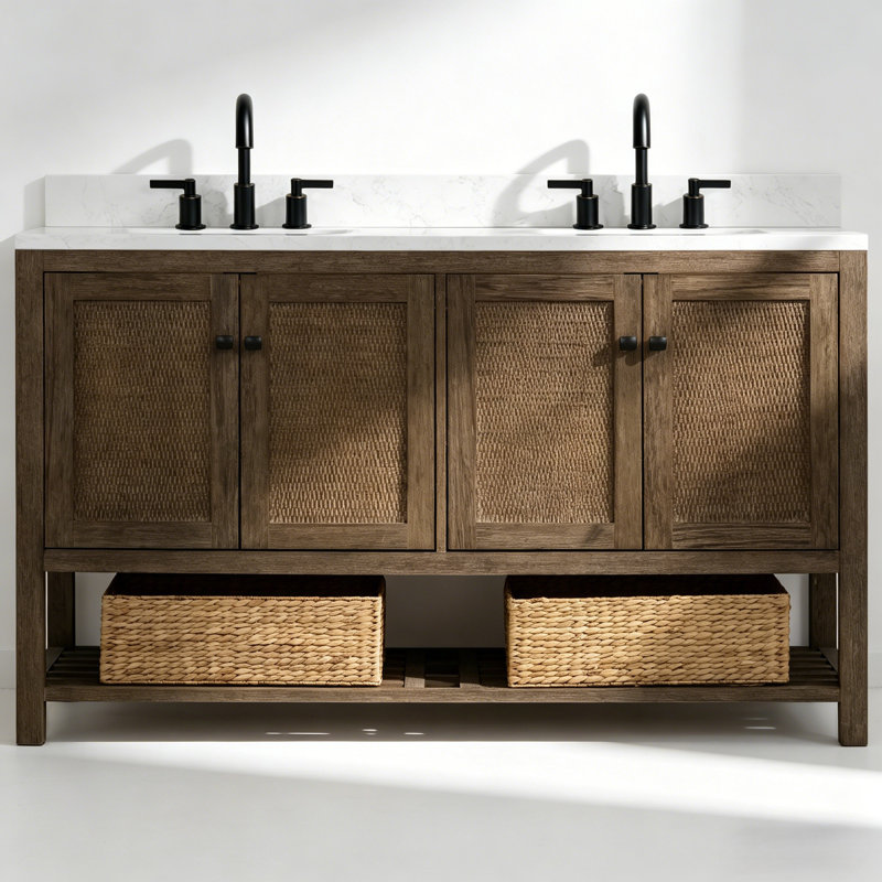 60" Freestanding Double Sink Warm Natural Fir Bathroom Vanity with 1" White Engineered Marble Top