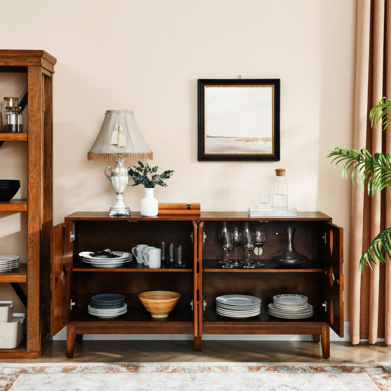 Buffet 60 po 4 portes en bois massif sculpté avec tablettes réglables, Walnut