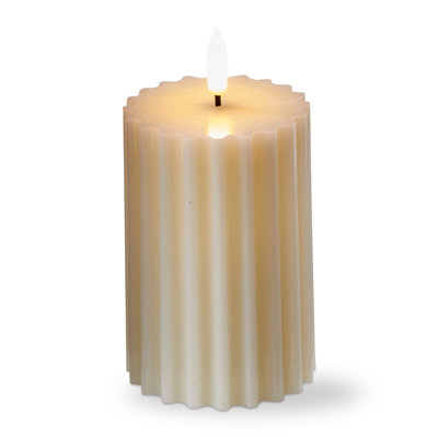 Ribbed Beige LED Flameless Pillar Candle 3x4 - Everyday Home Decor, Spot or Wipe Clean, Safe Lighting Option