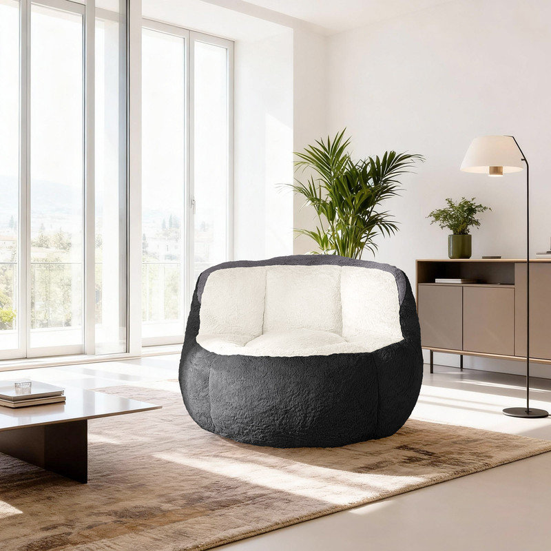 Fauteuil à billes surdimensionné en fausse fourrure de lapin, Noir / blanc / fausse fourrure grise