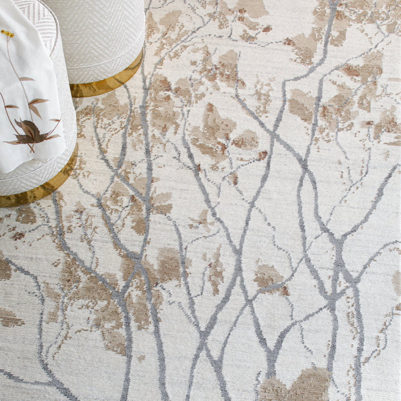 Almond Blossom Floral Hand Knotted Wool Ecru Area Rug, Rectangle 3' x 5'
