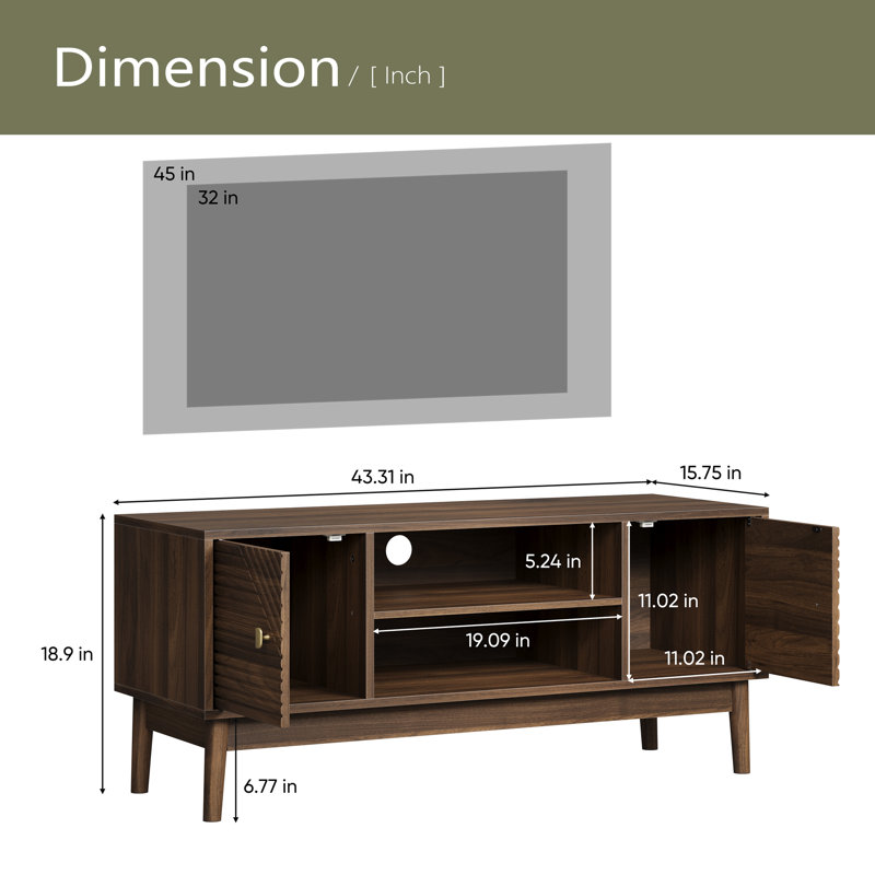 Meuble télé 43,31 po, meuble télé de style Mid-Century moderne pour téléviseur 32/45 po, centre de divertissement avec rangement, console média