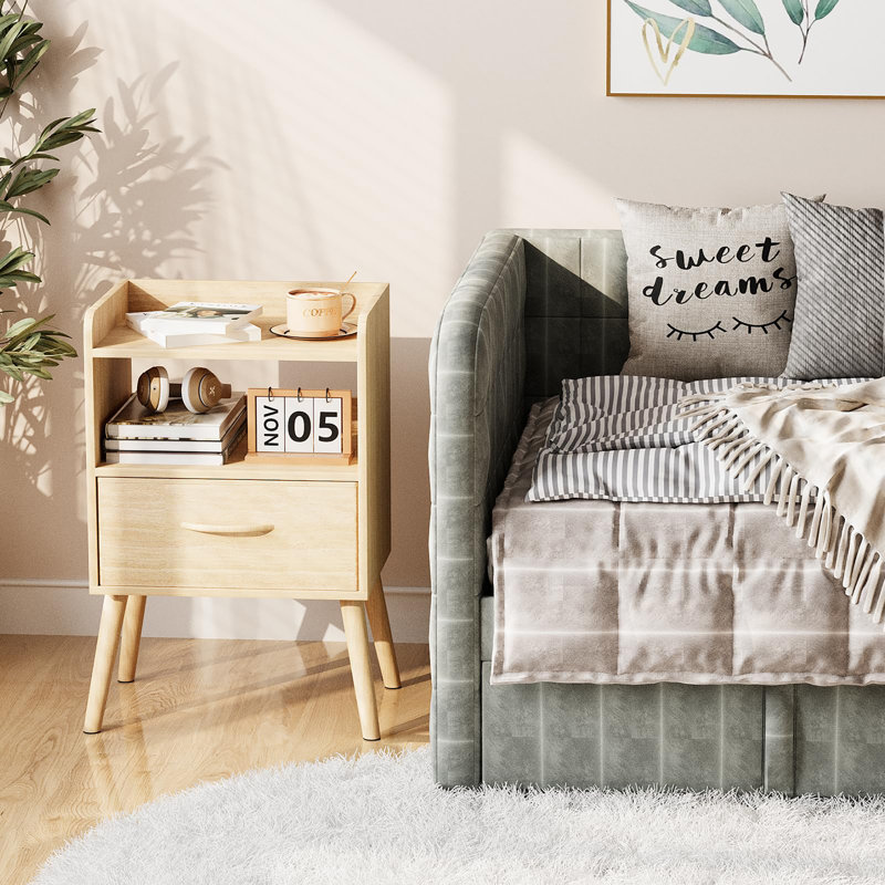 Table de chevet avec tablettes ouvertes, Naturel