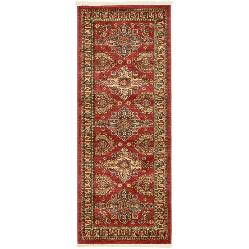Tapis rouge à motif géométrique Eesi, Tapis de couloir 2 pi 7 po x 7 pi 1 po