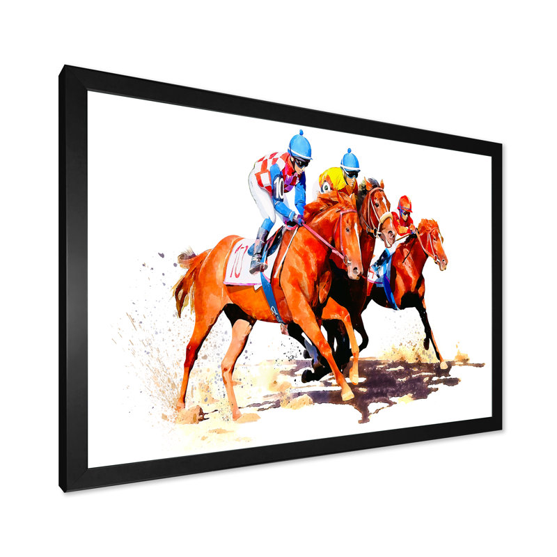 «Three Jockey Racing Horses Racinging», reproduction d'art sur toile, Toile avec cadre noir, H 8 po x l 12 po x P 1 po