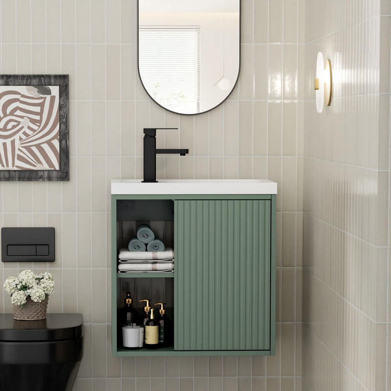 Petit meuble-lavabo mural 20 po avec lavabo, robinet et drain intégrés, Vert