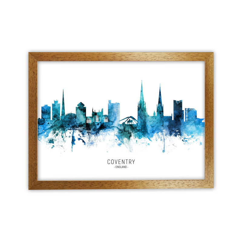 Coventry England Skyline Blue City Name by Michael Tompsett - Print, 64cm H x 88cm W x 3cm D, Oak Framed