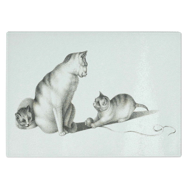 Tempered Glass Cat Playing with Kittens Chopping Board, 28.5 cm W x 20 cm L