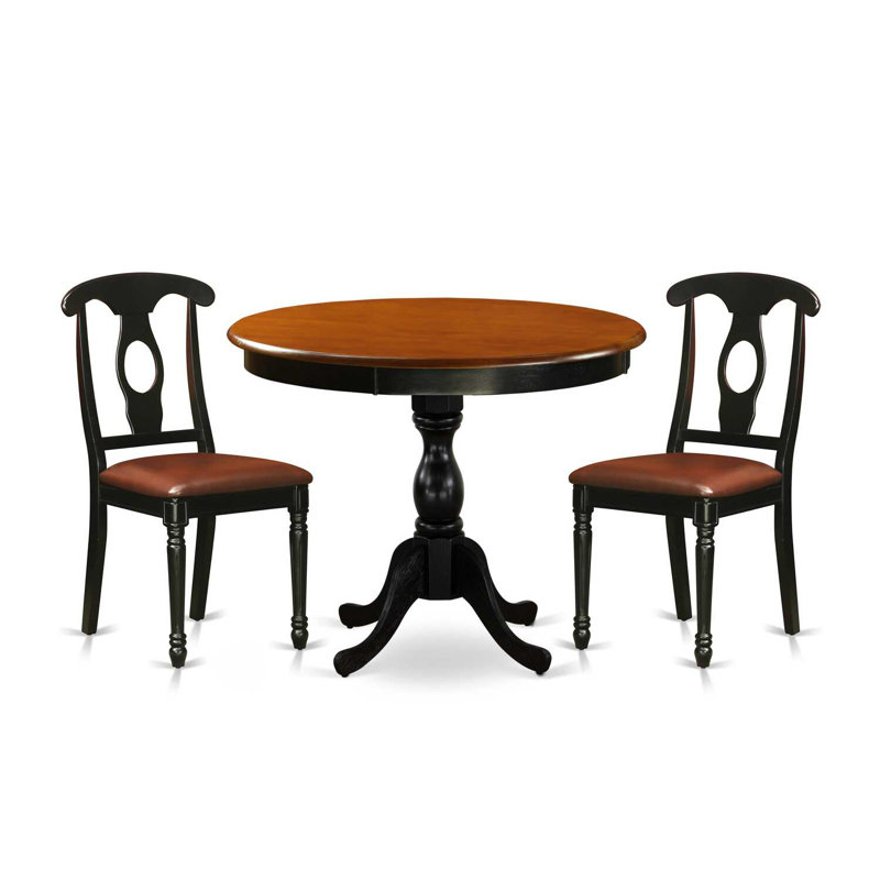 3-Piece Table Set Contains a Dinner Table and 2 faux Leather Mid Century Chairs with Napoleon Back - Black Finish