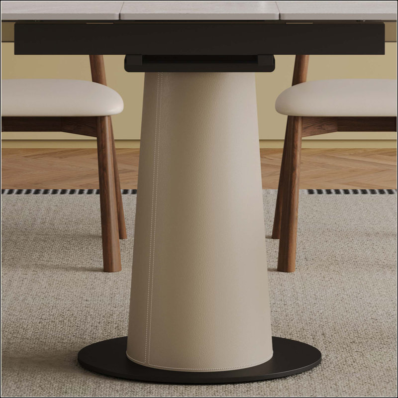 Ensemble de table de salle à manger rétractable Rock Slab, table moderne extensible 5 pièces avec 4 pieds en bois et base revêtue de cuir, ensemble de cuisine compact pour petits appartements