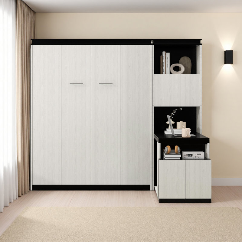 Lit escamotable double avec bureau, tablettes et armoires de rangement
