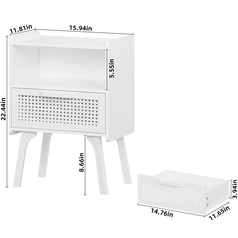Rattan Nightstand, Boho Side Table With Drawer Open Shelf, Cane Accent Bedside End Table With Solid Wood Legs For Bedroom, Dorm And Small Spaces