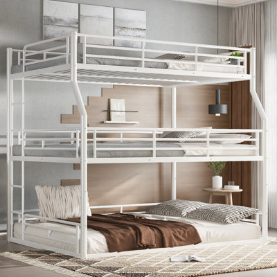 Twin over Twin over Full Metal Triple Bunk Bed | Heavy-Duty with Safety Guardrails & Noise-Reduced Design, White
