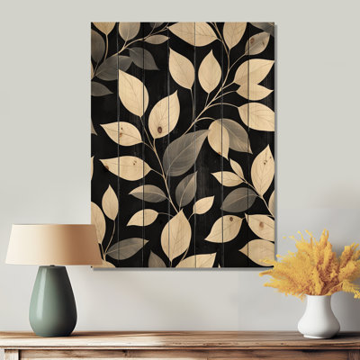 Feuilles noires et beiges douces - Décoration murale en bois de feuilles - sur bois de pin naturel