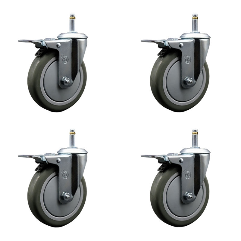 Ensemble de roulettes à tige pivotante en polyuréthane 5 po 7/16 po avec frein de verrouillage total, gris