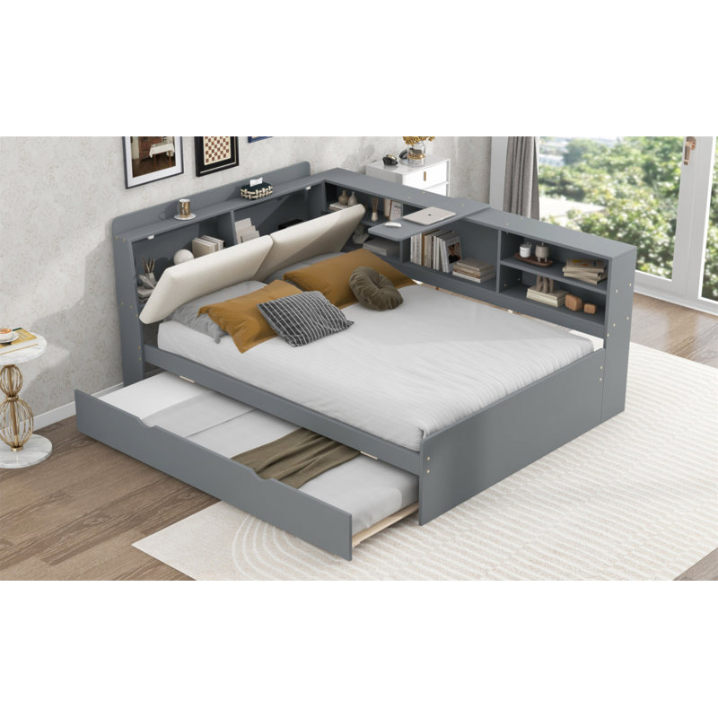 Lit plateforme en bois avec lit gigogne, tablettes et tête de lit, Grey