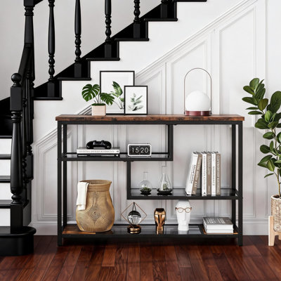 Console étroite à 4 niveaux avec tablettes en verre trempé gris et structure en métal - Table d'appoint industrielle pour vestibule, couloir, salon - gris