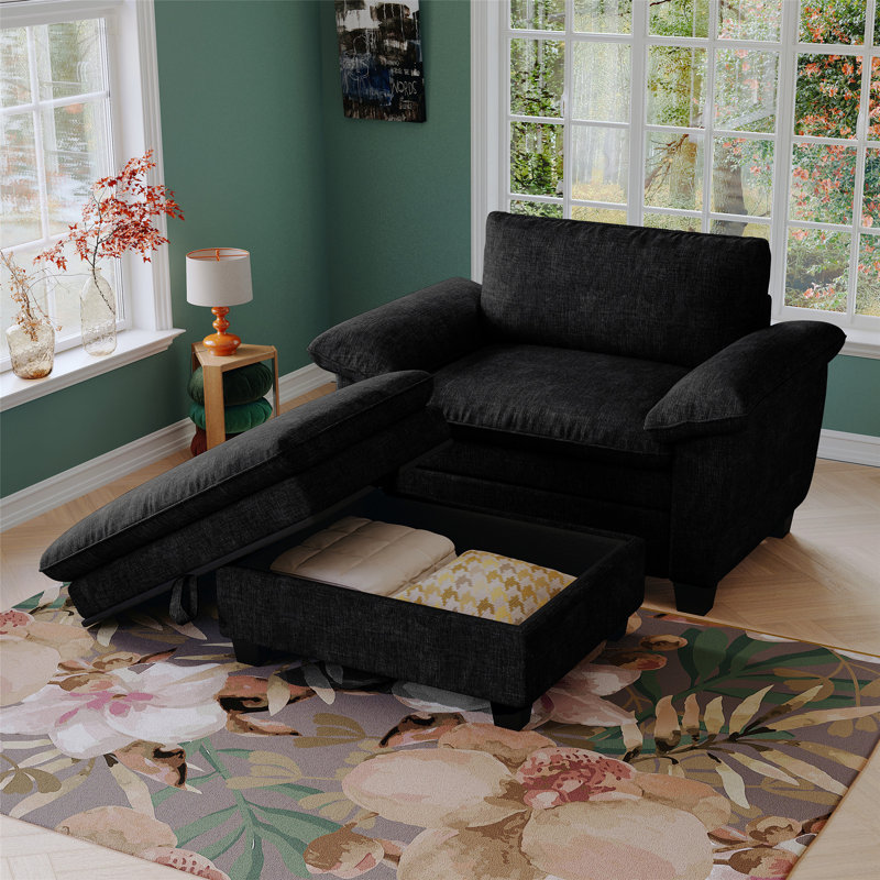 Chaise longue surdimensionnée avec repose-pieds et rangement, revêtue de chenille douce, Noir