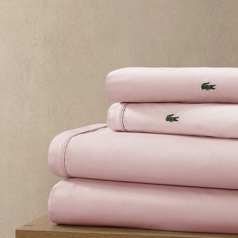 Lacoste Cotton Percale Sheet Set, Cooling & Breathable Bedding, Deep Pocket Fitted Sheet, Iced Pink, Twin, Iced Pink