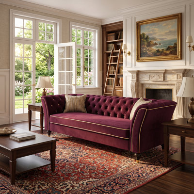 FX-P32-WR (SOFA 834-49)89.5" Chesterfield Sofa Couch, Elegant 3 Seater Tufted Sofa with Rolled Arms, Upholstered Living Room Furniture with Raised Legs for Home & Apartment