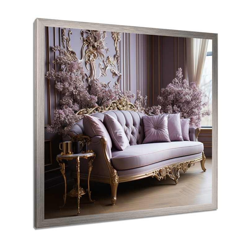 Canapé lilas orné d'accents dorés I - lilas, art mural large, H 36 po x l 36 po x P 1,5 po, Cadre simple argenté