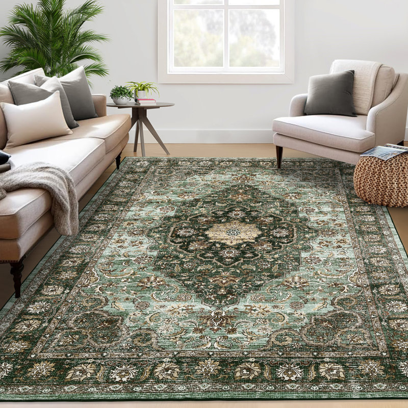 Tapis médaillon rétro pour le salon, la chambre à coucher, la salle à manger, Vert, Rectangle 5 pi x 7 pi
