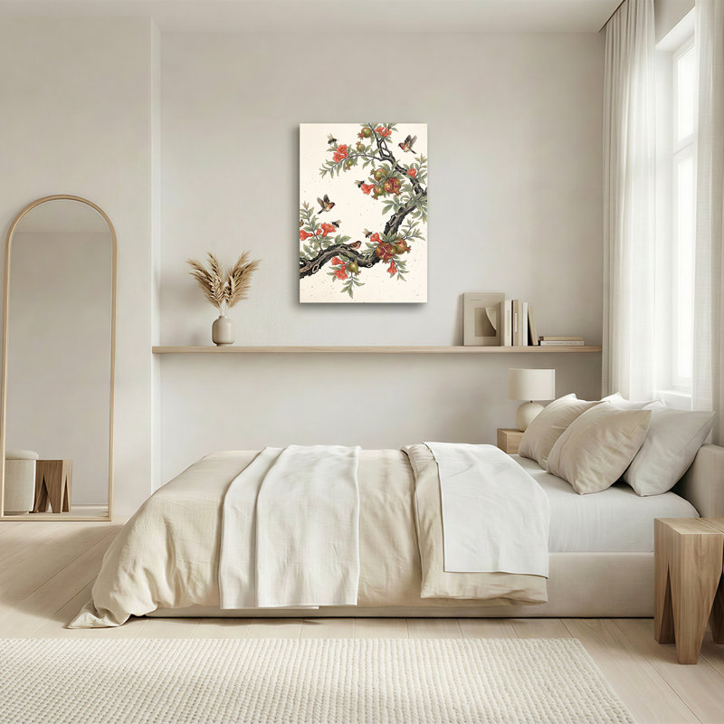 Art sur toile, branche de grenade avec fleurs rouges et oiseaux, 40"H x 28"W