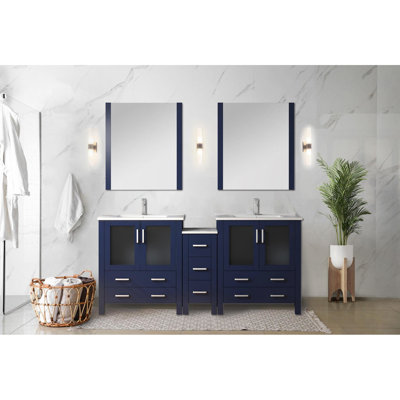 Navy Blue Double Bath Vanity 72 In. W With Side Cabinet, Faucet , Soft - Close Mechanism, And Long Standing Durability White Ceramic Top, Faucet, Closing Feature, Ample Bathroom Storage Space