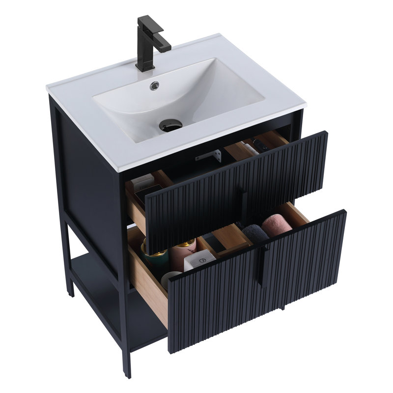  Serenity Modern Bathroom Vanity with White Ceramic Top, 24", Black Matte/Black