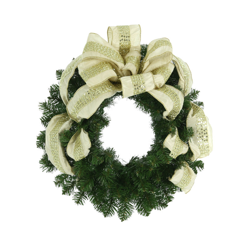 Couronne à feuilles persistantes des fêtes de Jiamei, H 22 po x l 22 po x P 9 po, Doré / crème