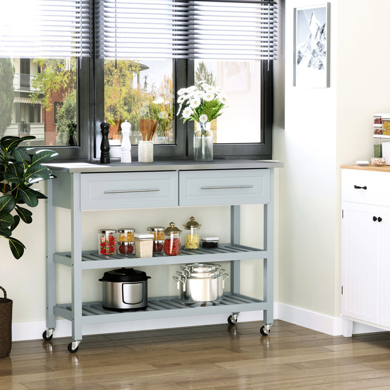 Îlot de cuisine, plateau en acier inoxydable, 2 tablettes, tiroirs, gris, design rustique pour îlot de maison avec surface, solution de rangement ouverte