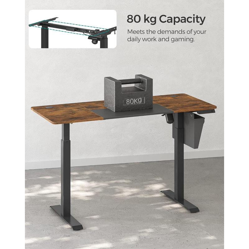 Hadrien Adjustable Metal Base Standing Desk with Power Outlet, Brown/Black/Black, 120cm H x 140cm W x 60cm D