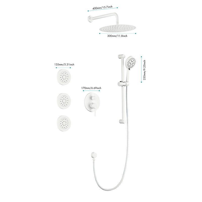 Ensemble de douche de salle de bain en blanc avec tête, douche à main, barre coulissante, jets de corps, bras, boyau, garniture de valve, poignée à levier avec système d'injection d'air moderne - laiton