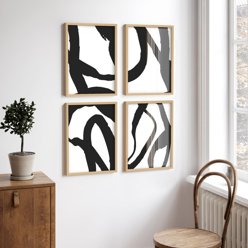 "Art moderne noir et blanc à coups de pinceau" - 4 pièces, Or, H 14 po x l 11 po