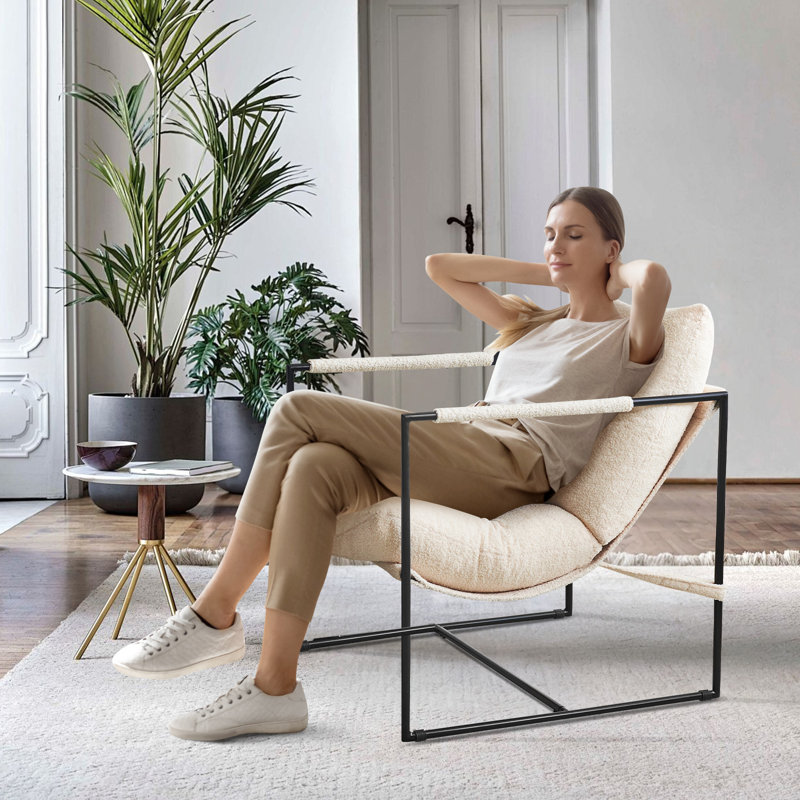 29" W Upholstered Sling Accent Chair with Metal Frame, Ivory White
