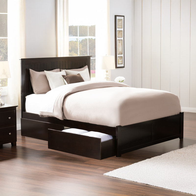 Kindig Solid Wood Platform Bed with Panel Footboard and Storage Drawers, Espresso, Queen