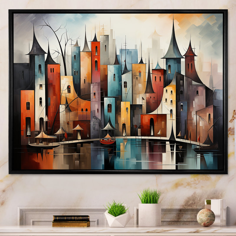 «Cubist Urbanism Horizon I», H 24 po x l 32 po x P 1 po, Cadre flottant noir