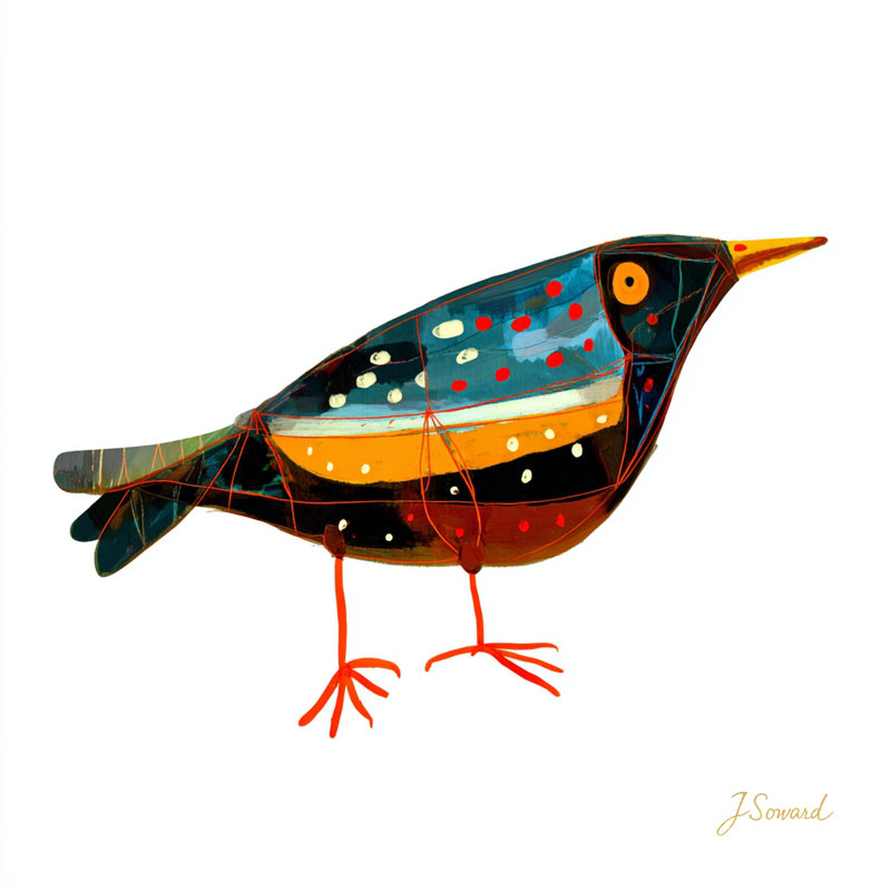 Patchwork Finch - peinture d'oiseau abstraite moderne, H 16 po x l 24 po