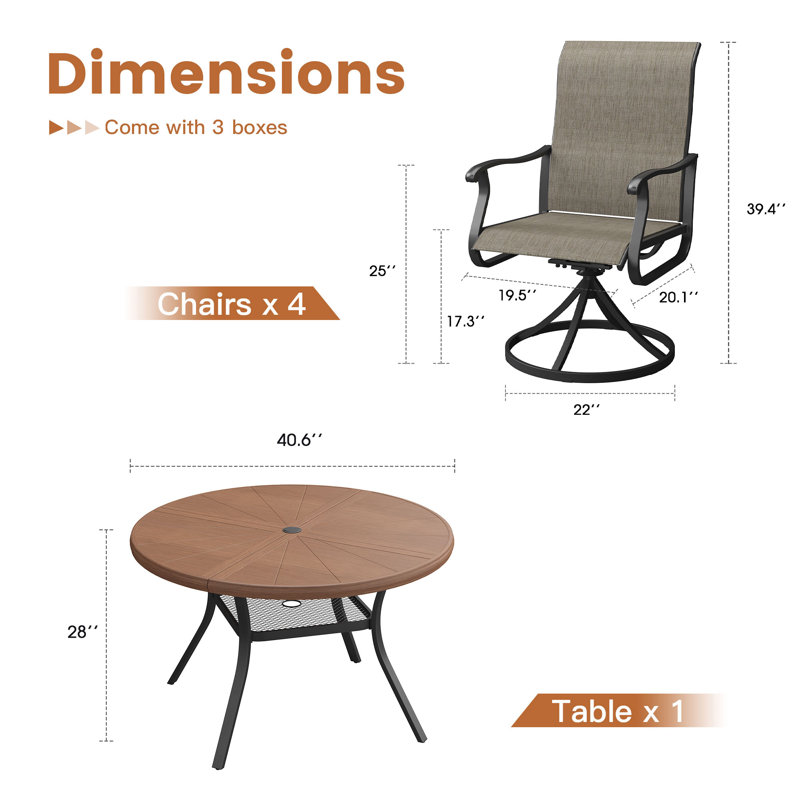 Aluminum Patio Dining Set with  Round Dining Table and 4 Swivel PVC-coated polyester  Dining Chairs, Brush Wood Brown/Brown