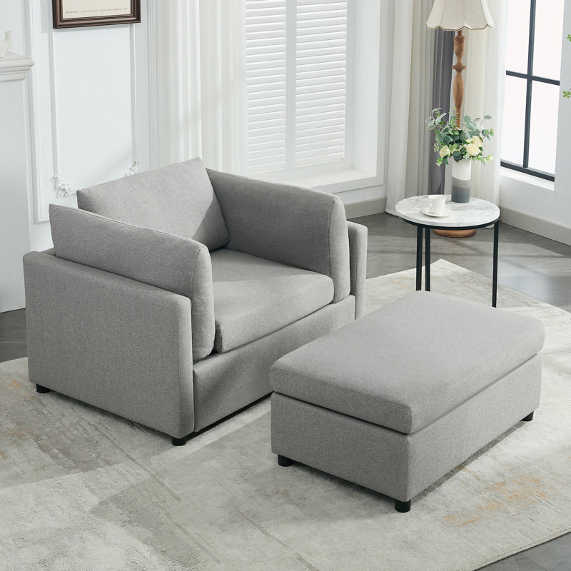 Linen 50" Wide Oversized Armchair with Ottoman, Light Gray Linen