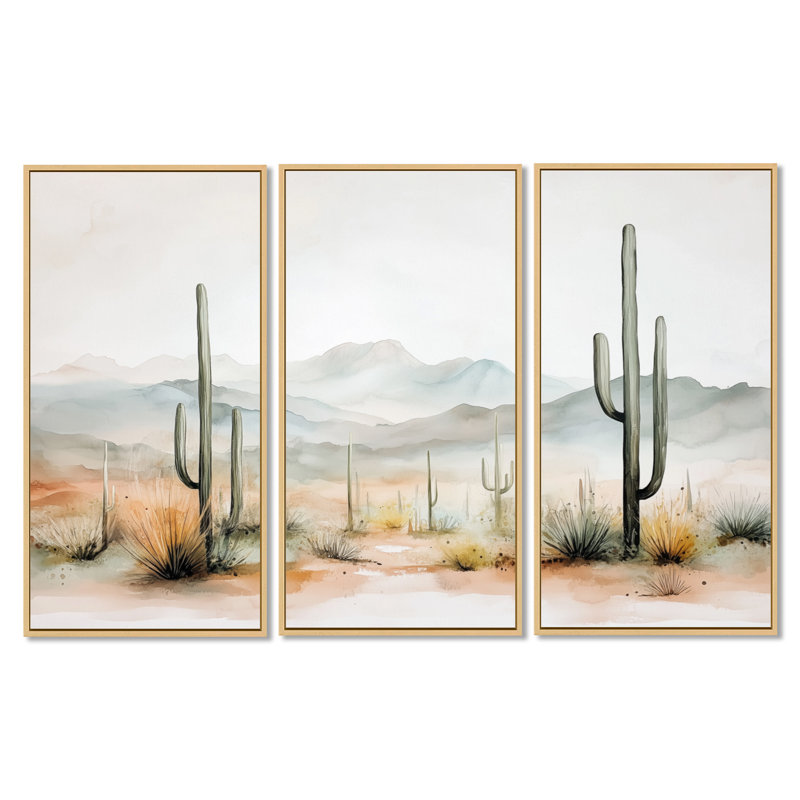 Hush Mesa Cactus Panorama II - Southwestern, ensemble de 3 reproductions sur toile encadrées, H 32 po x l 48 po