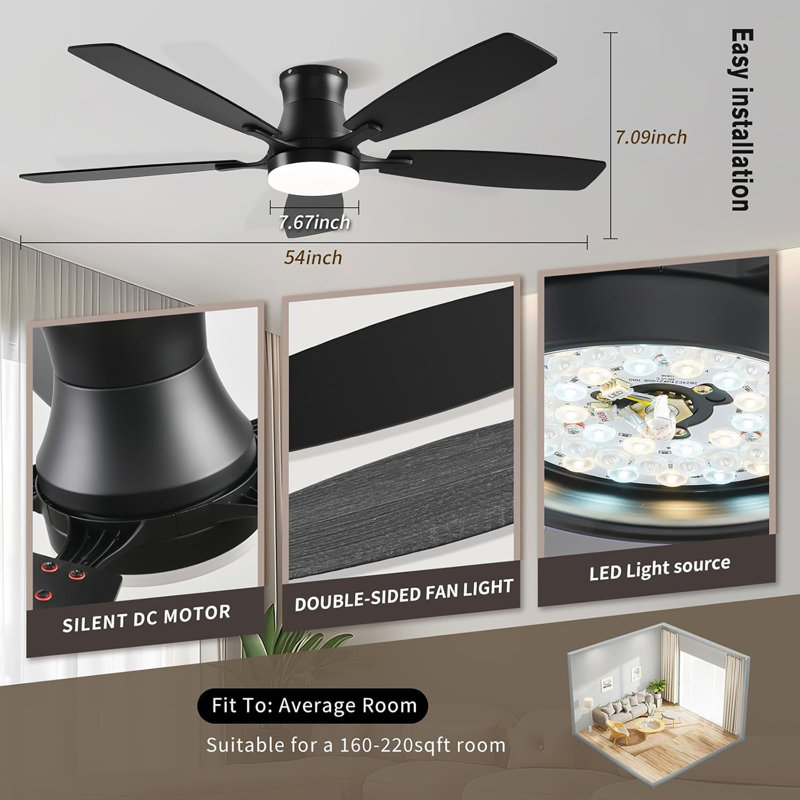 Ceiling Fans With Lights, 54Inch RGB Low Profile Ceiling Fan With Light And Remote Control, Dimmable, Reversible DC Motor, Noiseless, 6 Speeds, Flush Mount Ceiling Fan For Livingroom