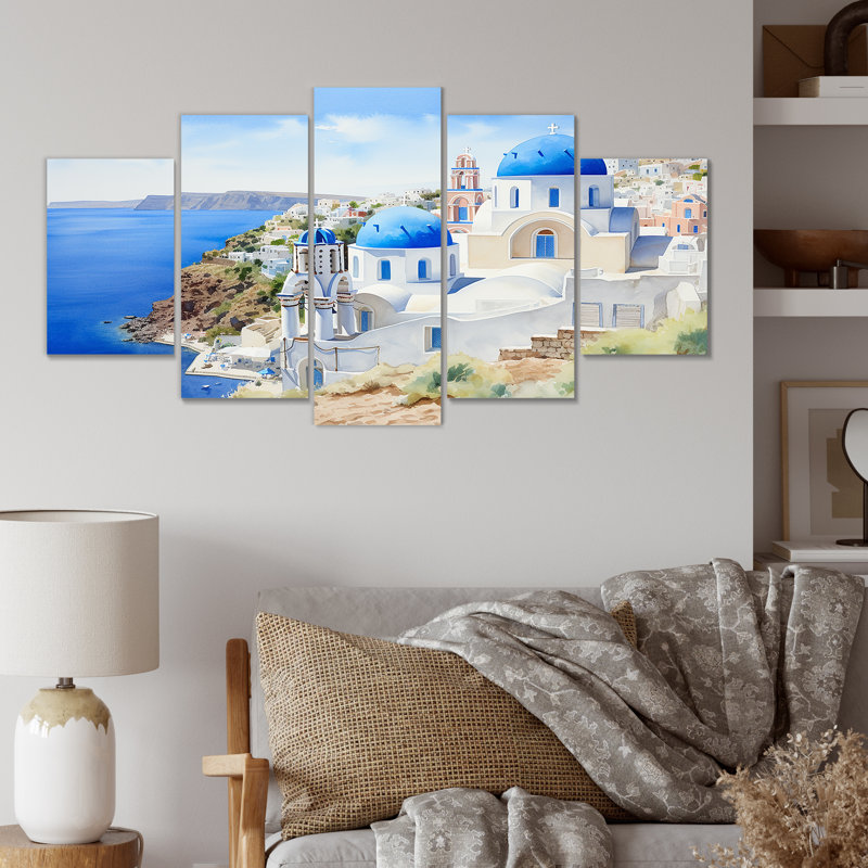 "Blue and White Greek Isles Village III" - Grèce, art mural multipanel