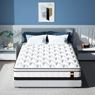 Full Size 14 - Inch Mattress With Cooling Gel Memory Foam And Pocket Springs, Medium Firm, Grey White, Modern Design For Bedroom, Good Heat Dissipation, Absorption, Minimized Partner Interference,