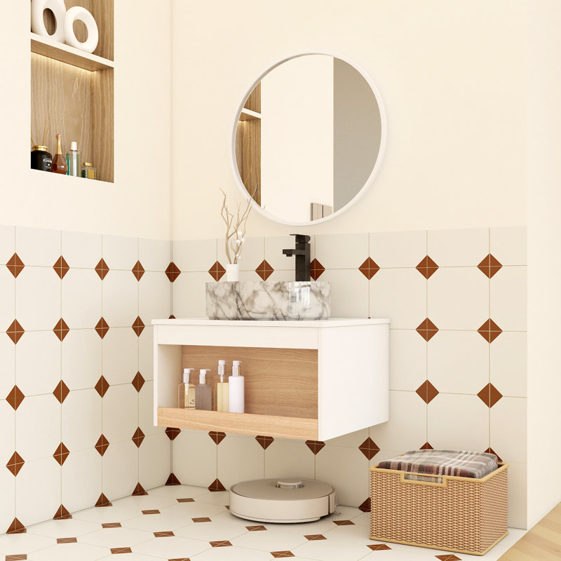 Meuble-lavabo mural de 24 pouces avec lavabo vasque en marbre veiné gris, rangement ouvert et finition blanche résistante à l'humidité pour les salles de bain modernes et compactes.