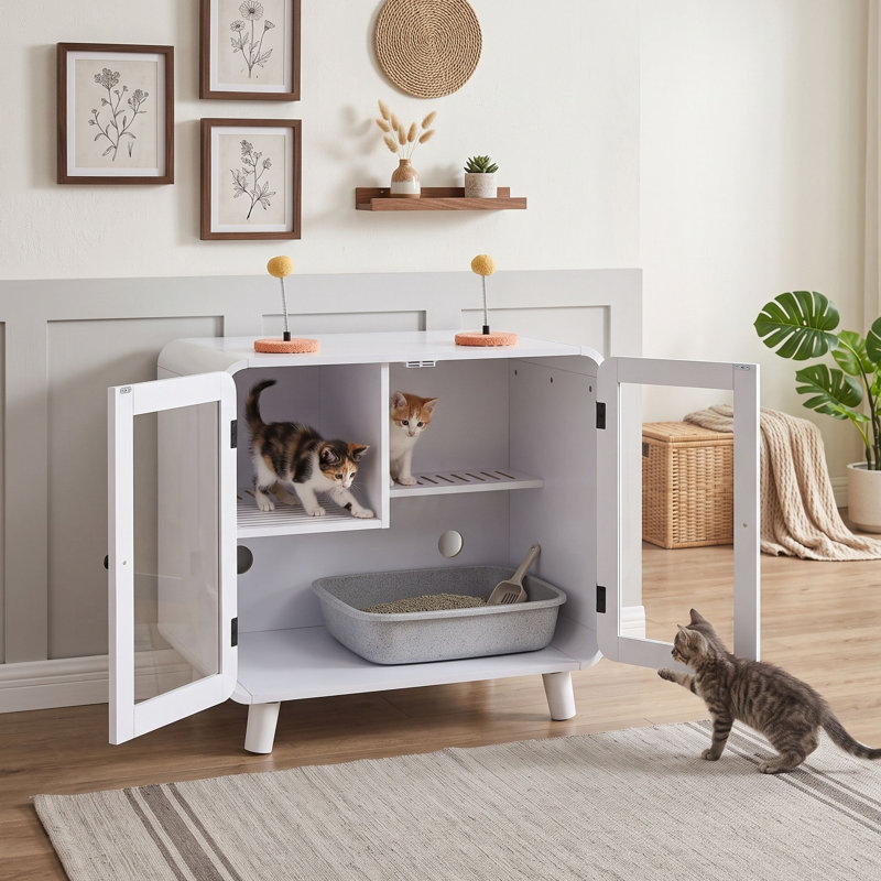 Armoire de toilette pour chat avec lumière DEL, jouets et escaliers pour chat, White