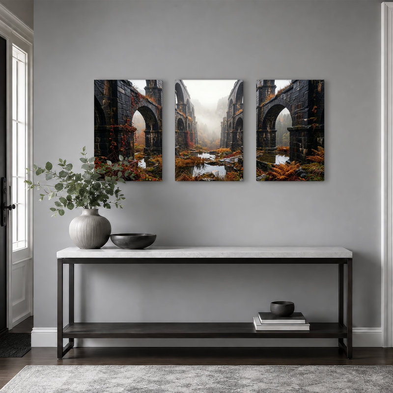 «Stone Aqueduct Ruins in Autumn Mist», ensemble de 3 toiles, H 24 po x l 16 po x 3 pièces
