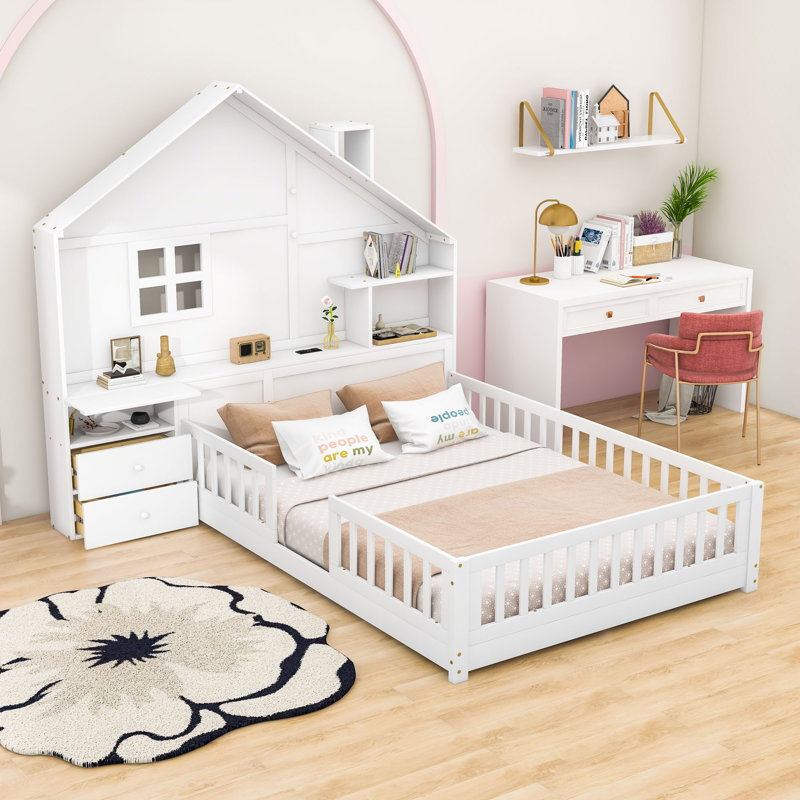 Pivoine 2 Drawers Wood House-Shapded Platform Bed with Shelves, Full, White