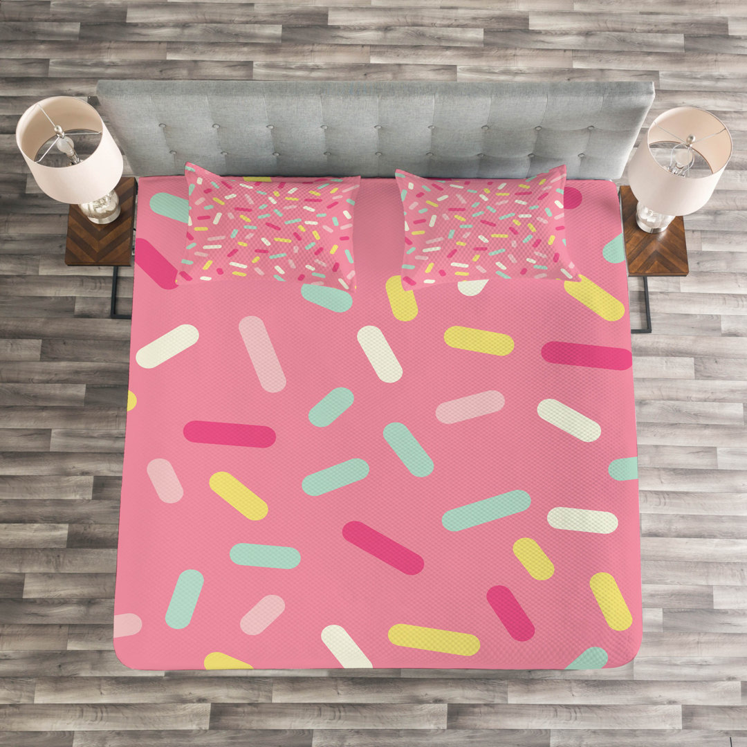 Gestepptes Bettdecken-Set, Donut Sprinkles, Pink und Weiß, Mehrfarbig